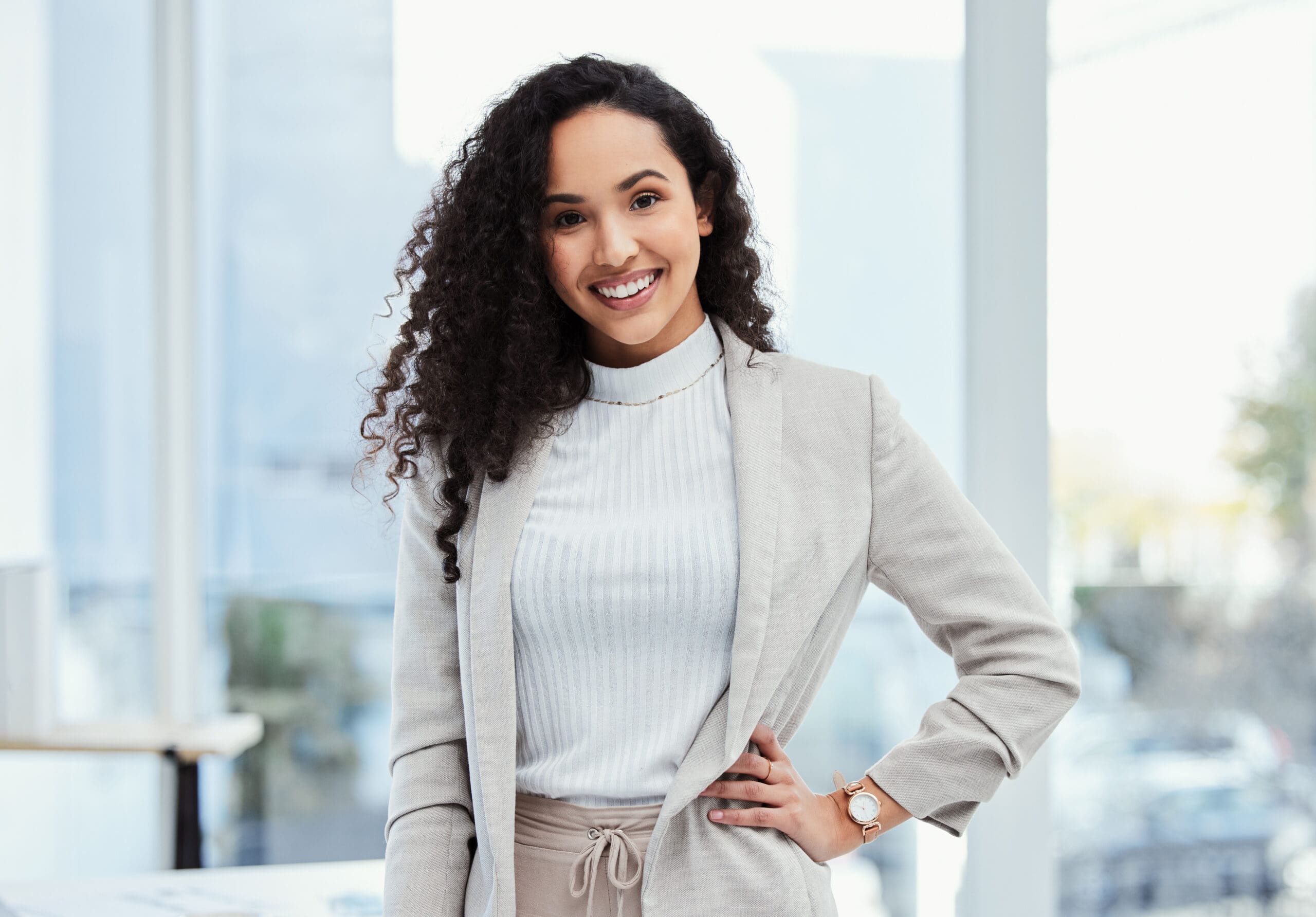 Young professional woman displaying toxic positivity